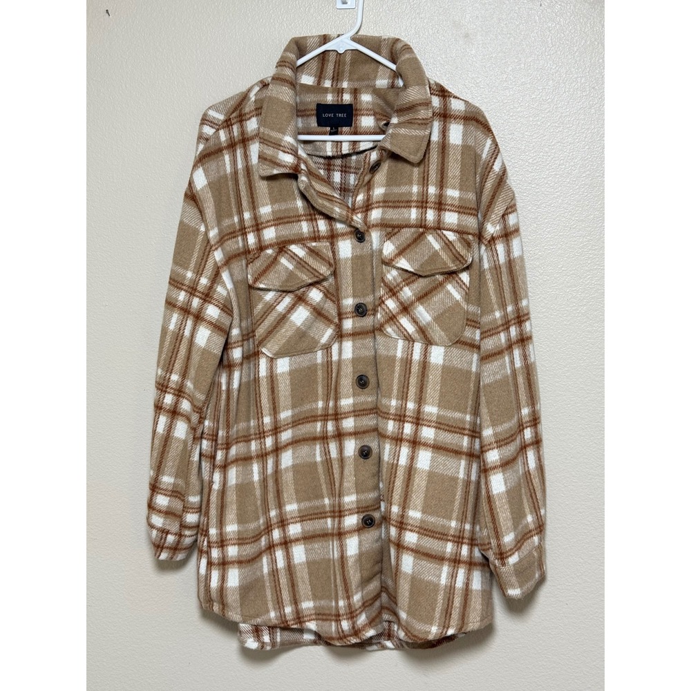 Love Tree Tan White Plaid Button Front Shacket Shirt Jacket Large 80073JY